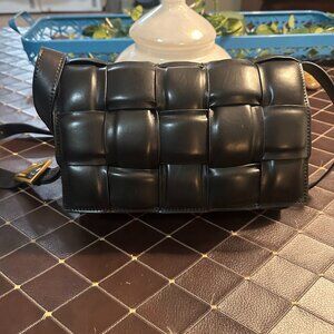 “Black Woven Crossbody Bag – Padded Cassette Style”